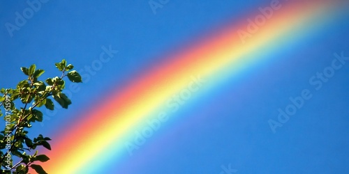 A vibrant rainbow appears beautifully against a backdrop of a clear blue sky, showcasing bright colors in contrast to the serene blue atmosphere surrounding it. photo