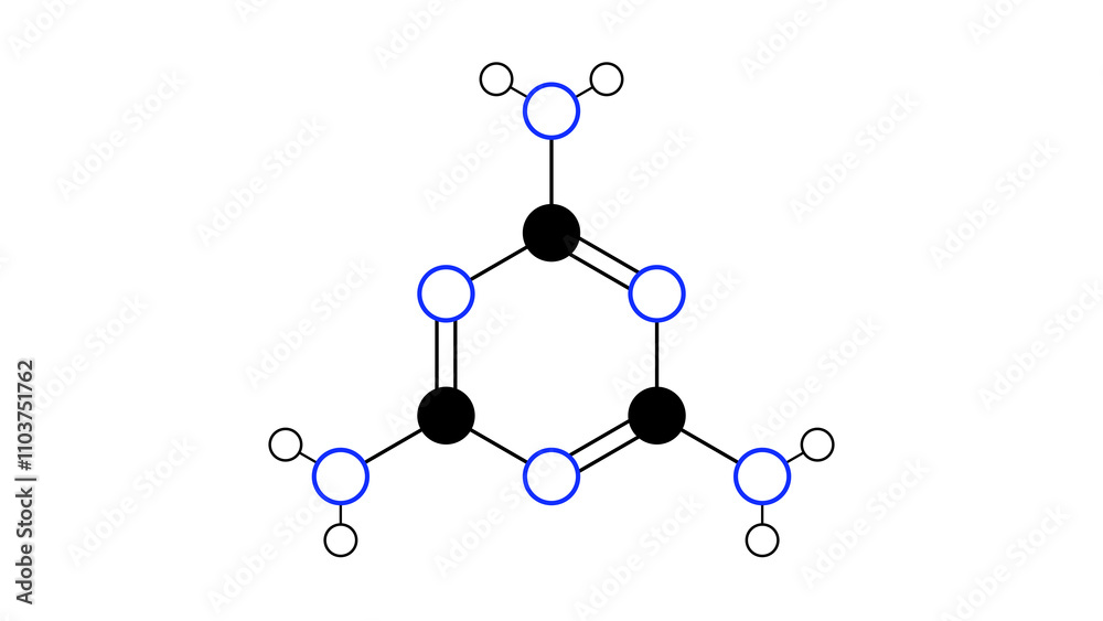 melamine molecule, structural chemical formula, ball-and-stick model, isolated image triazine melamine molecule, structural chemical formula, ball-and-stick model, isolated image triazine