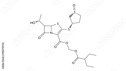 sulopenem etzadroxil molecule, structural chemical formula, ball-and-stick model, isolated image antibiotic photo