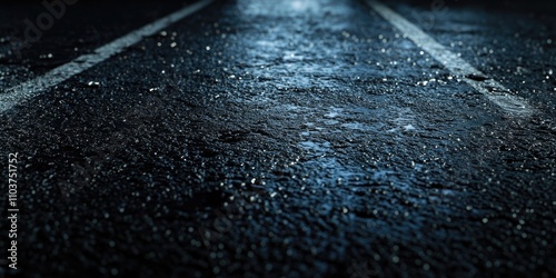 A detailed view of a shiny, wet black asphalt road with white markings, ideal for text or product placement. This creates an abstract backdrop for various uses.