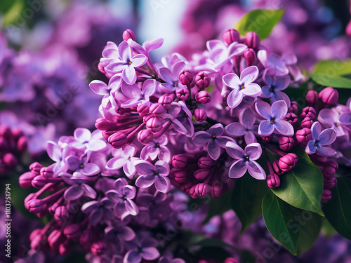 Closeup of a blooming lilac tree during springtime with vibrant flowers