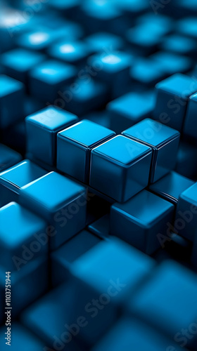 Abstract Blue Cubes, A Geometric Background of Shiny, Interlocking Blocks Creating a Dynamic Digital Design