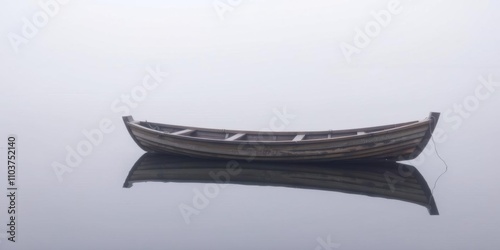 A serene scene of a wooden boat floating on a calm lake shrouded in thick fog, calm, tranquil