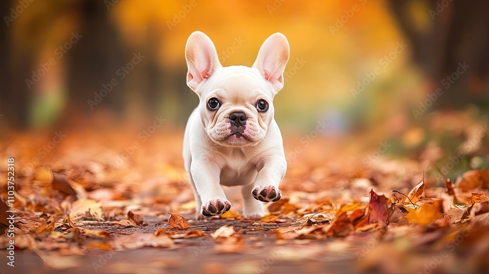 Adorable French Bulldog puppy enjoying a walk in a vibrant park during autumn, surrounded by colorful leaves and nature. Perfect for capturing the charm of an adorable French Bulldog. Adorable French Bulldog puppy enjoying a walk in a vibrant park during autumn, surrounded by colorful leaves and nature. Perfect for capturing the charm of an adorable French Bulldog.