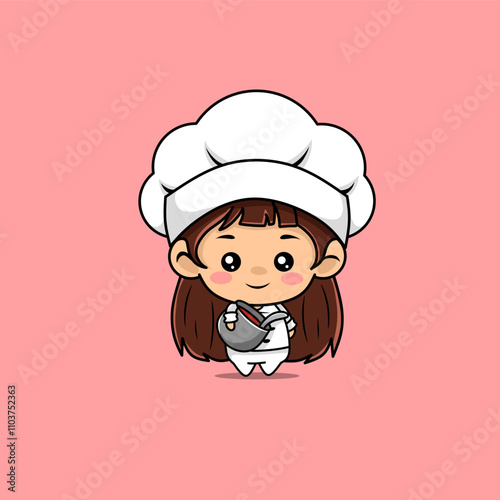 Cute cartoon and kawaii female chef is holding a container of soupCute cartoon and kawaii female chef is holding a container of soup 