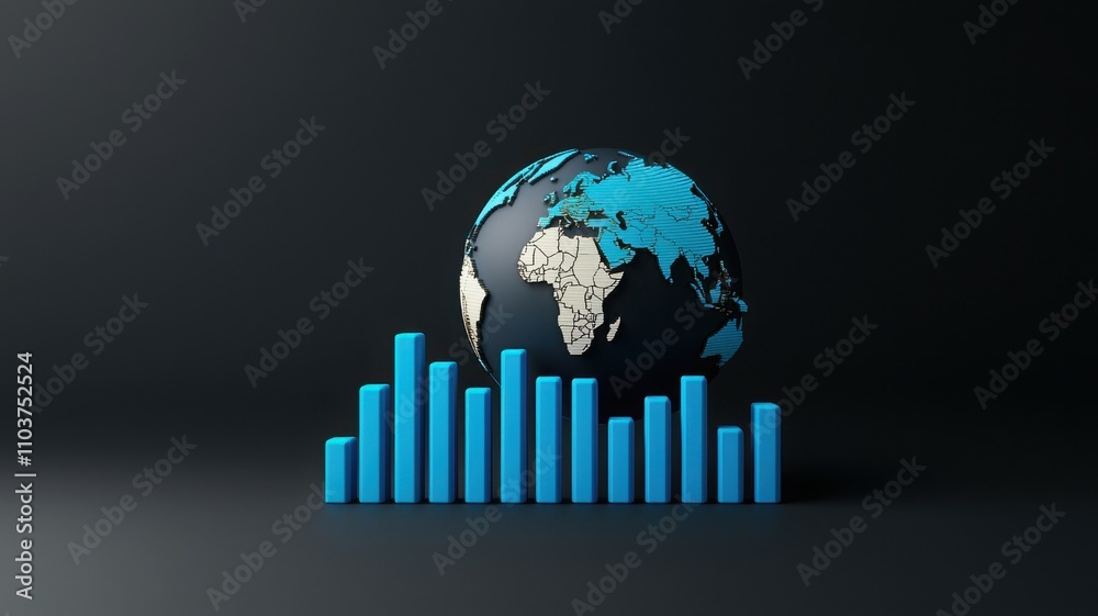 A globe with blue continents sits above a rising bar graph, symbolizing global growth, data analysis, and economic trends against a dark background. A globe with blue continents sits above a rising bar graph, symbolizing global growth, data analysis, and economic trends against a dark background.