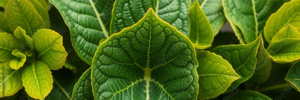 A single leaf with elegant gold veins stands out among a cluster of vibrant green leaves, natural, environment A single leaf with elegant gold veins stands out among a cluster of vibrant green leaves, natural, environment