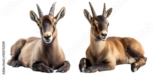 Pair of Resting Mountain Goats with Brown Fur and Curved Horns, cutout, isolated on white background