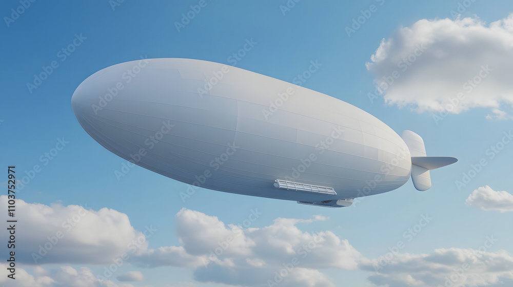 Fototapeta premium A large, white airship floats in a blue sky with fluffy clouds, symbolizing transport innovation.