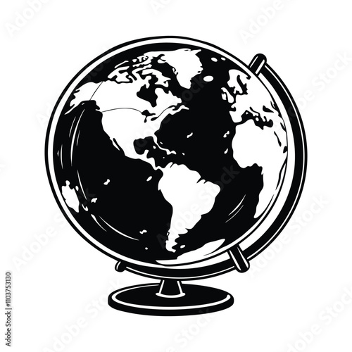 Monochrome illustration of a world globe, featuring North and South America.