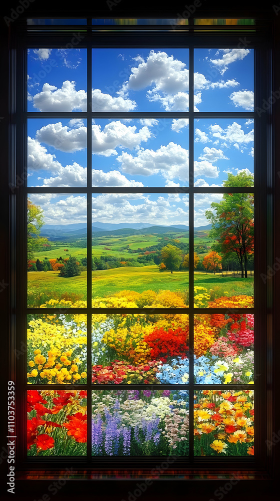 Stained glass window depicting a vibrant spring landscape with flowers and rolling hills under a bright blue sky.
