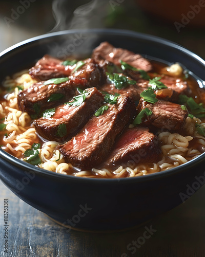 Steaming bowl of beef noodle soup.