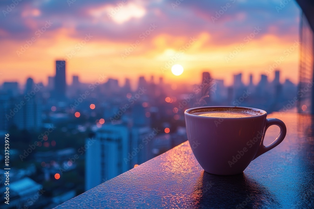 Close-up of a cup of coffee on the balcony and a blurred view of the sunset on the background of the city Close-up of a cup of coffee on the balcony and a blurred view of the sunset on the background of the city