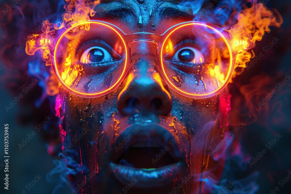 Vibrant and Surreal Portrait of a Person with Neon Glowing Glasses and Dramatic Expression Amidst Colorful Smoke and Lightsneon portrait Vibrant and Surreal Portrait of a Person with Neon Glowing Glasses and Dramatic Expression Amidst Colorful Smoke and Lightsneon portrait