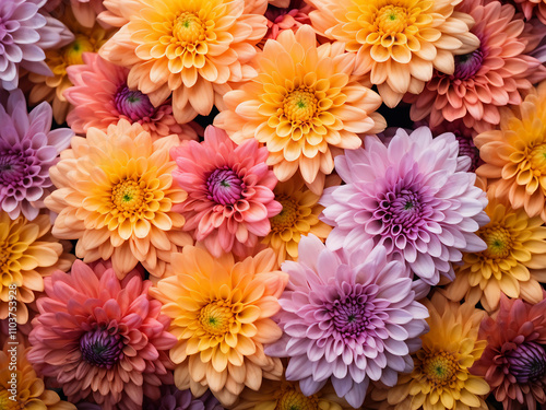 Bright autumn chrysanthemum flowers arranged as a colorful background