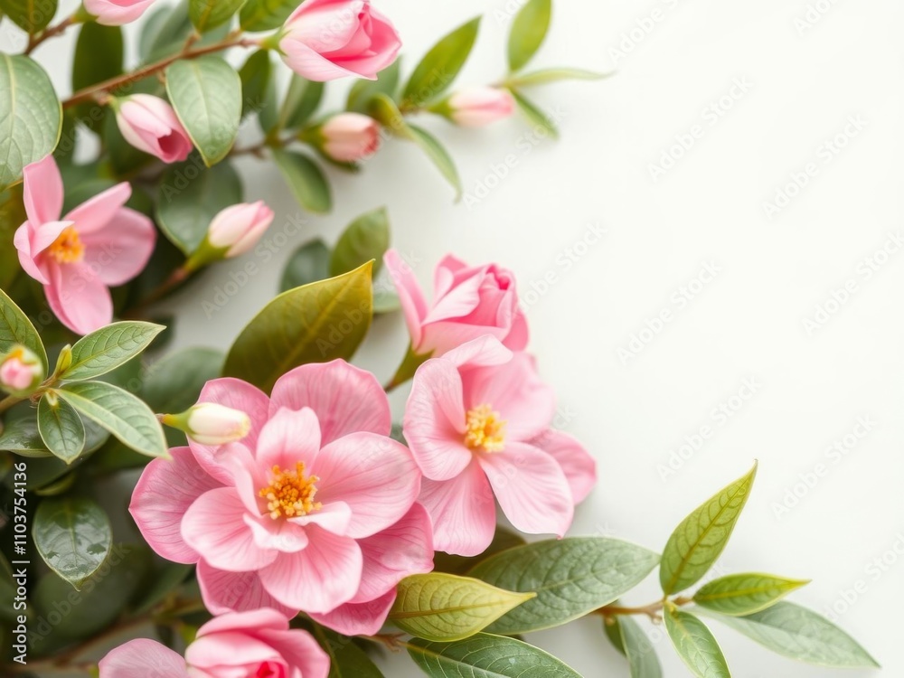 Fototapeta premium Soft pink flowers and green leaves surrounded by various skincare and makeup products, creating a beautiful and feminine background, feminine, skincare, makeup