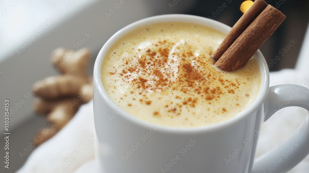warm mug of ginger turmeric tonic topped with cinnamon, offering cozy and inviting aroma, perfect for soothing drink warm mug of ginger turmeric tonic topped with cinnamon, offering cozy and inviting aroma, perfect for soothing drink