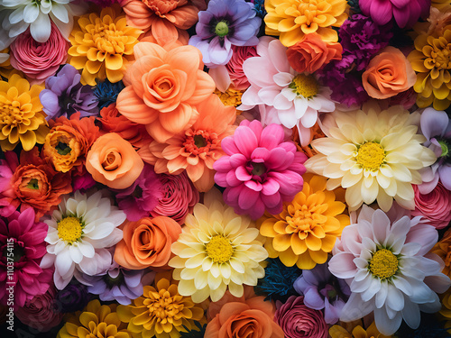 Top view of colorful flowers with space for text or copy on a flat lay background