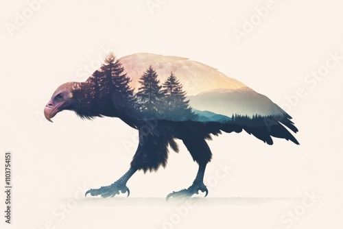 Majestic Eagle Silhouette with Pine Forest Landscape - Artistic Nature-Inspired Double Exposure Design for Wildlife and Environmental Themes photo