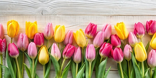 Panoramic View of a Vibrant Pink and Yellow Tulip Border Surrounding a Light Wooden Tabletop, Showcasing the Delicate Beauty of Floral Arrangements in Soft Light