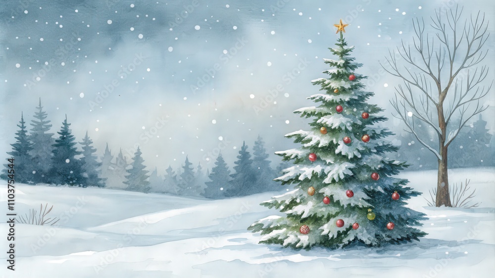 Snow-Covered Christmas Tree in Peaceful Winter Field Under Cloudy Sky Snow-Covered Christmas Tree in Peaceful Winter Field Under Cloudy Sky