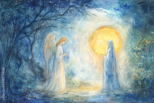 The angel Gabriel standing before Mary in a tranquil, glowing scene, announcing the miraculous conception of Jesus, with Mary listening attentively, bathed in gentle light, all rendered in delicate