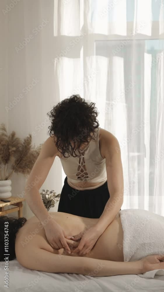 Beautiful girl giving a body massage in a bright and sunny room Beautiful girl giving a body massage in a bright and sunny room