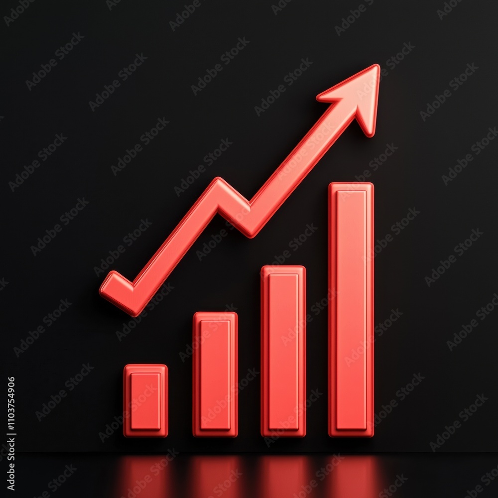 Inventory management and stock replenishment concept. Red growth chart with upward arrow on a dark background. Inventory management and stock replenishment concept. Red growth chart with upward arrow on a dark background.