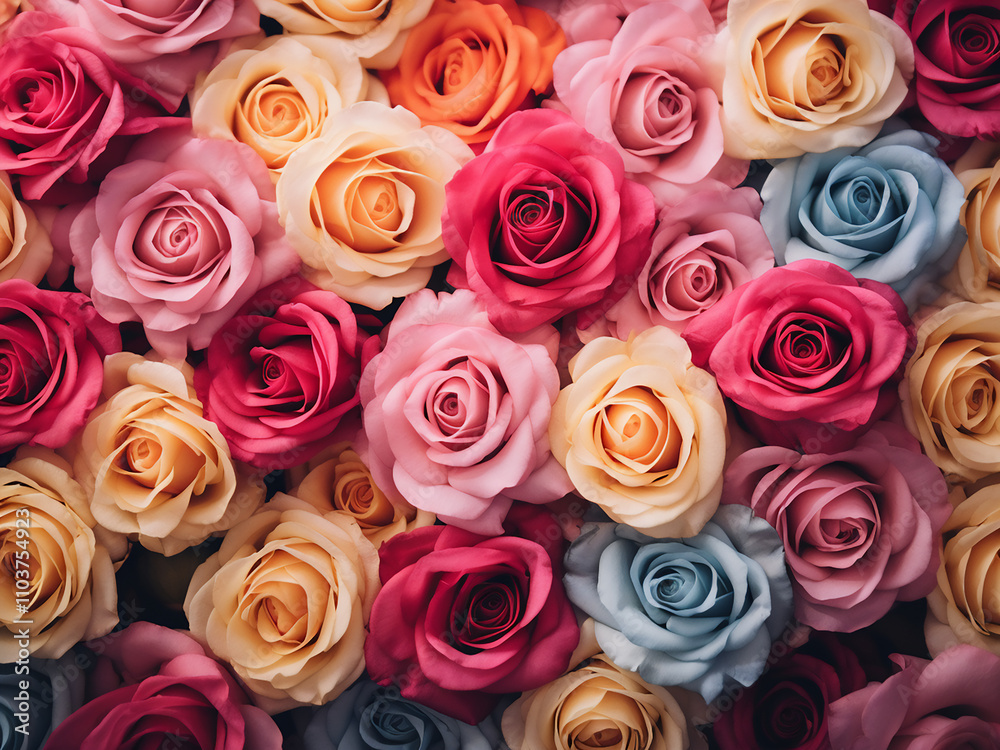 Fresh roses in a variety of colors blooming in the garden background Fresh roses in a variety of colors blooming in the garden background
