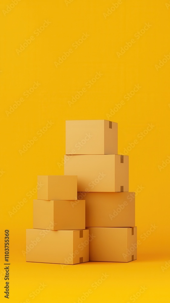 Obraz premium Inventory management and stock replenishment concept. Stack of brown boxes against a vibrant yellow background.