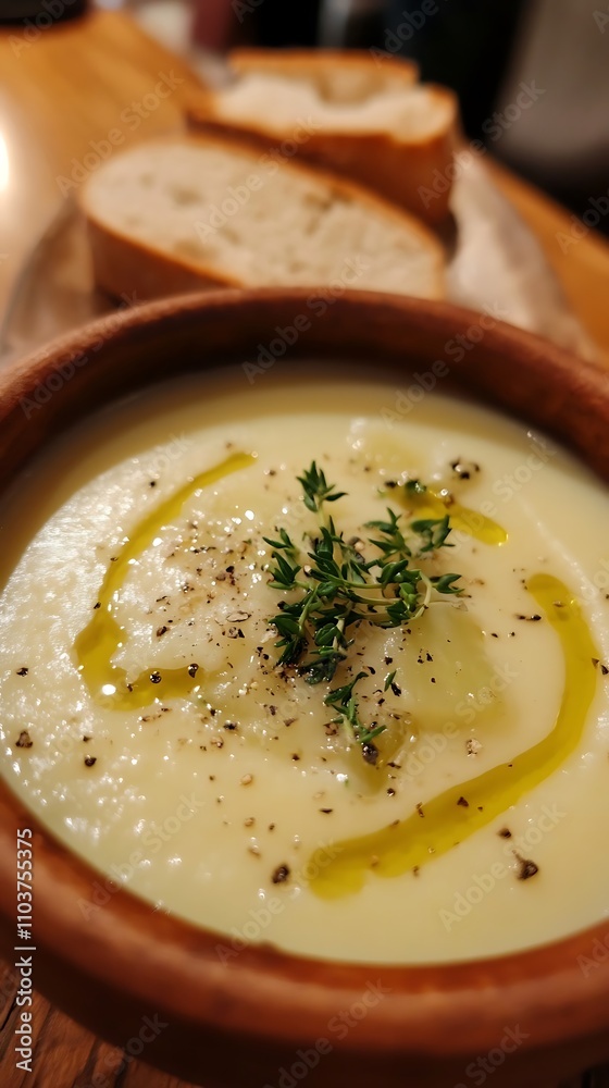 Bowl of homemade creamy leek soup with parsley and bread on a wooden background Bowl of homemade creamy leek soup with parsley and bread on a wooden background