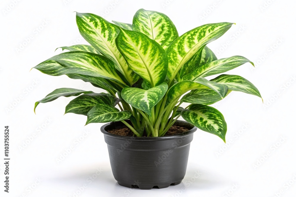 Panoramic View of Dumb Cane Plant in Black Plastic Pot Isolated on White Background, Showcasing Lush Green Leaves and Natural Beauty for Home Decor and Gardening Inspiration Panoramic View of Dumb Cane Plant in Black Plastic Pot Isolated on White Background, Showcasing Lush Green Leaves and Natural Beauty for Home Decor and Gardening Inspiration