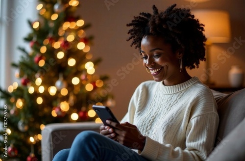 Head shot portrait smiling African American woman holding smartphone and plastic credit card, paying online for Christmas gifts, sitting near festive tree at home, enjoying winter holiday