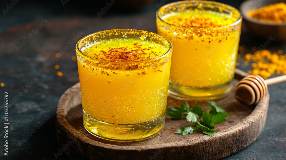 Two glasses of ginger turmeric tonic with thin layer of honey on top, garnished with sprinkle of spices, sit on rustic wooden tray. vibrant yellow color is enhanced by dark background Two glasses of ginger turmeric tonic with thin layer of honey on top, garnished with sprinkle of spices, sit on rustic wooden tray. vibrant yellow color is enhanced by dark background