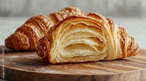 Cut in half croissants on wooden board, close-up photo