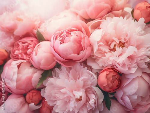 A fresh bunch of pink peonies and roses in pastel colors for a close-up card concept