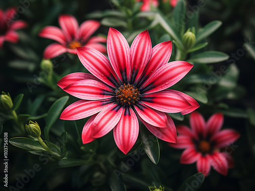 Bright pink and red gazania flowers in a garden plant