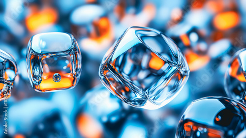 Macro shot of transparent glass cubes floating in a dynamic composition, illuminated The abstract design conveys a sense of modernity, innovation, and futuristic elegance.