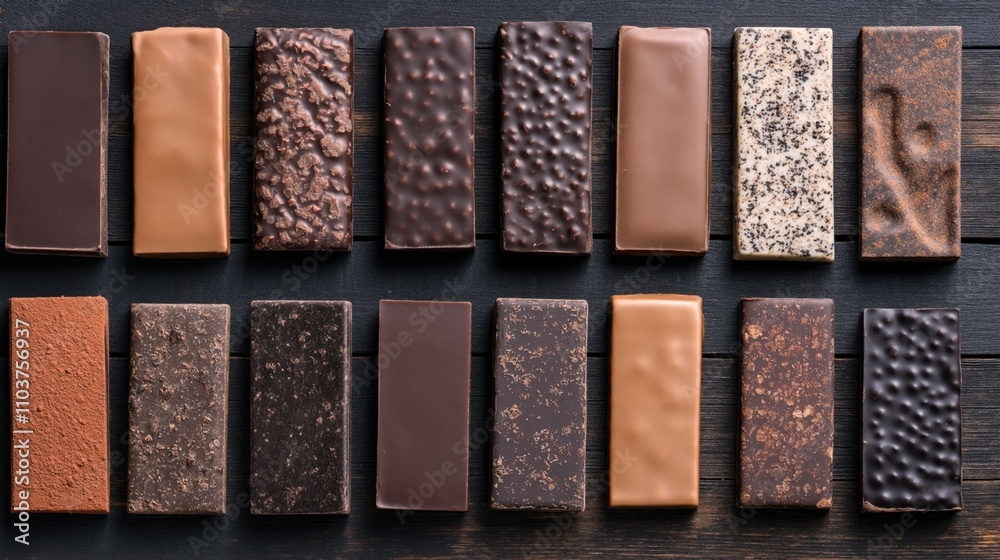 Assorted chocolate bars in various textures and shades arranged in rows on a dark wooden surface. Assorted chocolate bars in various textures and shades arranged in rows on a dark wooden surface.
