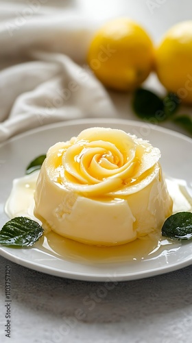 Panna cotta in the shape of a rose, selective focus, white background