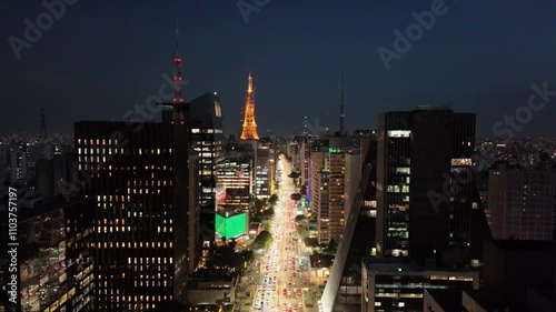 Aerial view of Paulista Avenue by night - São Paulo, Brazil