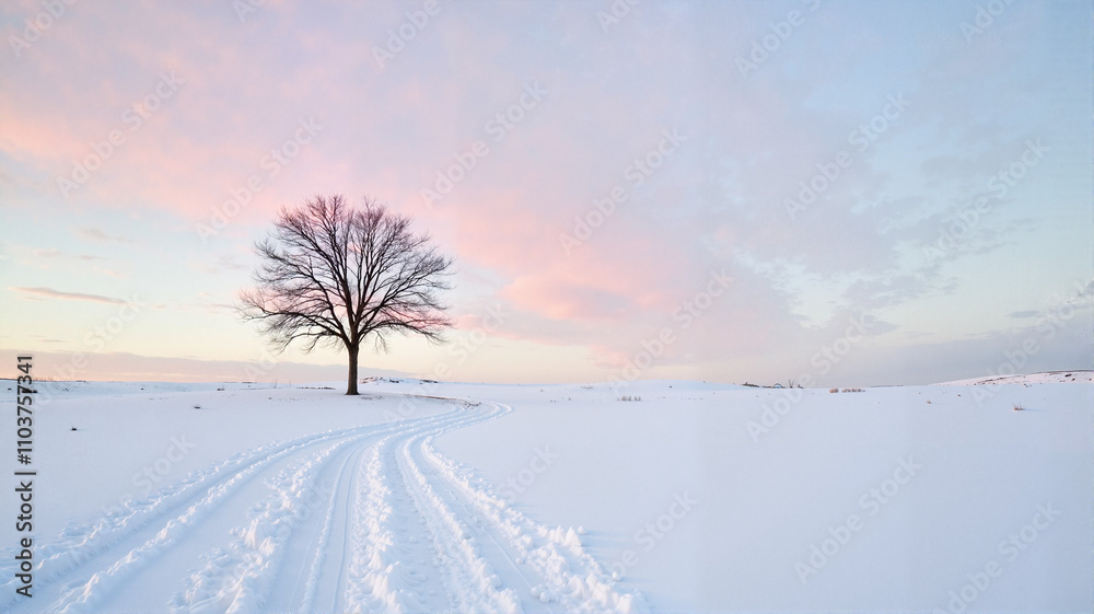 Lonely tree in a snowy field with a soft pastel sunset sky Lonely tree in a snowy field with a soft pastel sunset sky