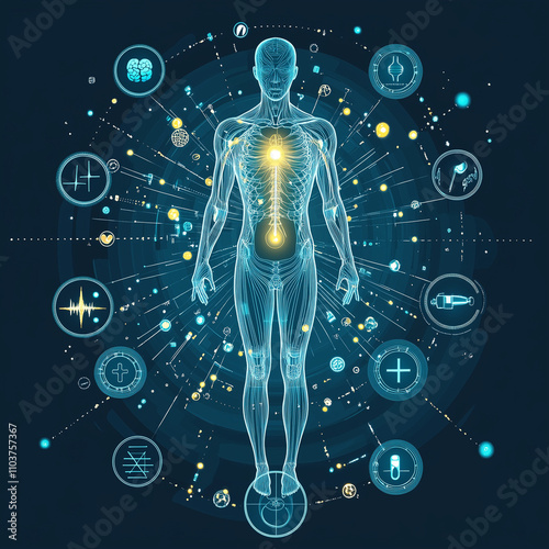 Human body anatomy with glowing nervous system and medical icons on dark background. 