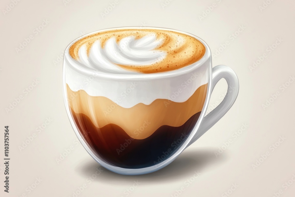 A beautifully layered coffee drink with frothy milk and caramel swirls in a clear cup. A beautifully layered coffee drink with frothy milk and caramel swirls in a clear cup.