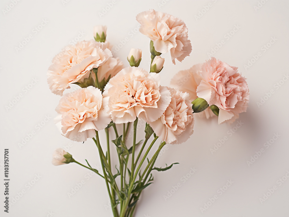 Simple bouquet of pink or beige carnations with small decorative branches Simple bouquet of pink or beige carnations with small decorative branches