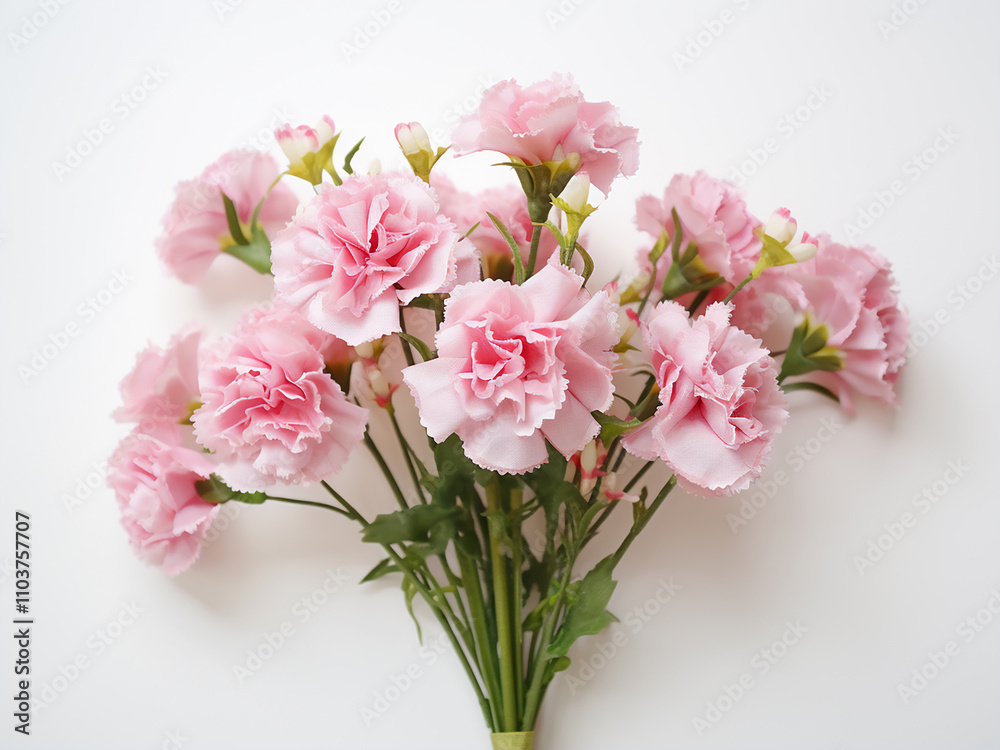 Modest bouquet of carnations and branches symbolizing love on white background Modest bouquet of carnations and branches symbolizing love on white background