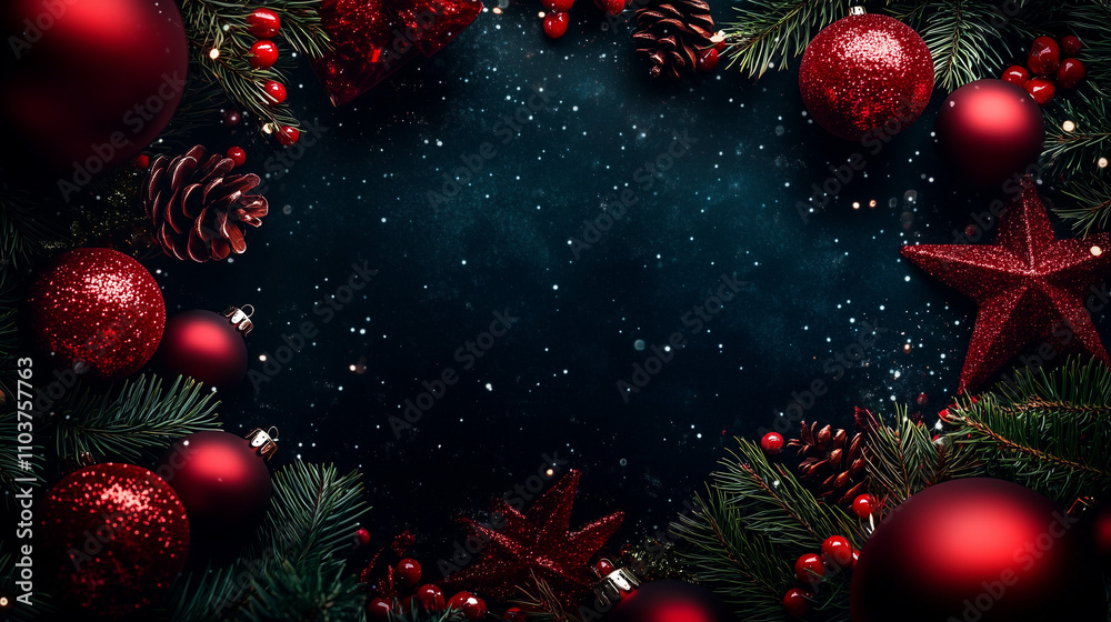 Elegant Christmas card design featuring a sparkling blue background, red ornaments, and a golden star, with a festive frame created by pine branches. Perfect for holiday greetings, invitations, and so Elegant Christmas card design featuring a sparkling blue background, red ornaments, and a golden star, with a festive frame created by pine branches. Perfect for holiday greetings, invitations, and so