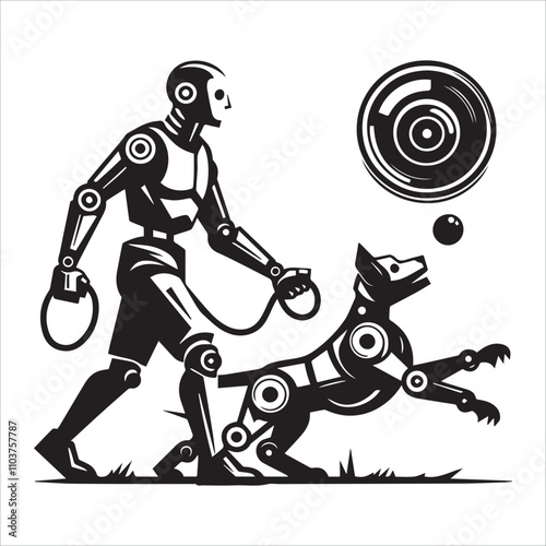 Futuristic Woman with Robotic Dog Playing Fetch. A stylized illustration of a woman with robotic limbs leading a mechanical dog on a leash.