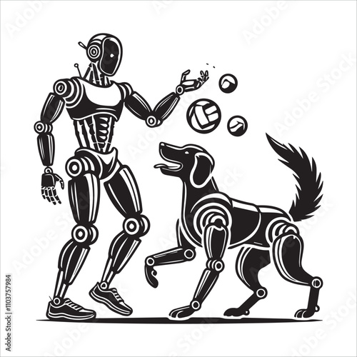 Futuristic Woman with Robotic Dog Playing Fetch. A stylized illustration of a woman with robotic limbs leading a mechanical dog on a leash.