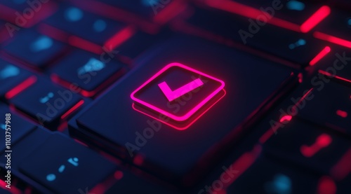 A close-up of a keyboard key illuminated in red and purple, featuring a checkmark symbol, suggesting confirmation or completion.